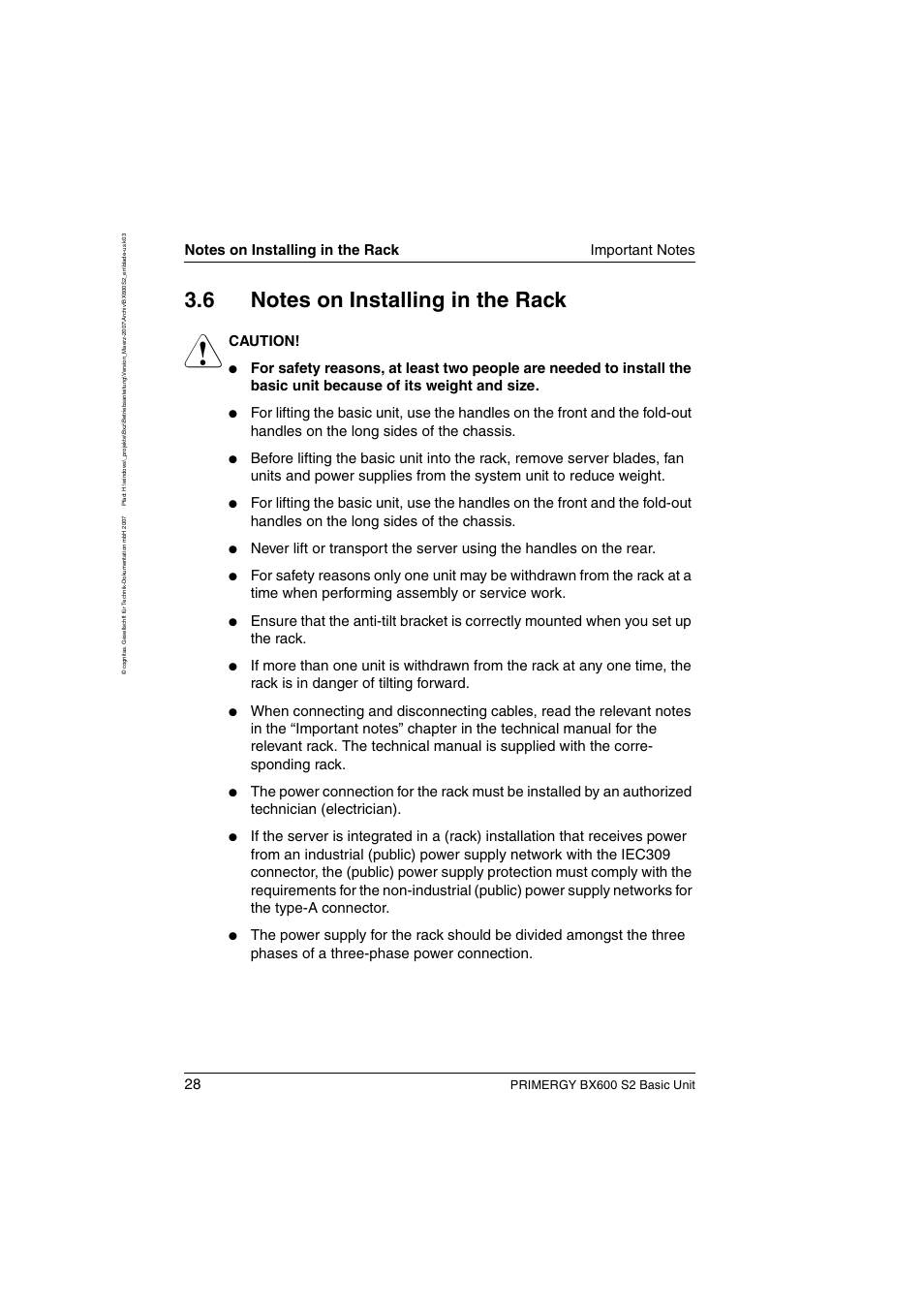 Notes on installing in the rack, Caution, Primergy bx600 s2 basic unit | FUJITSU PRIMERGY BX600 S2 User Manual | Page 28 / 173