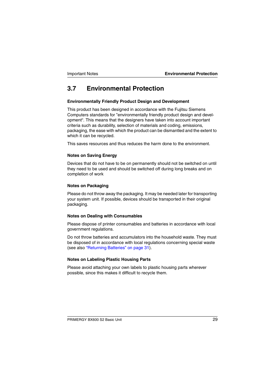 Environmental protection, 7 environmental protection | FUJITSU PRIMERGY BX600 S2 User Manual | Page 29 / 173