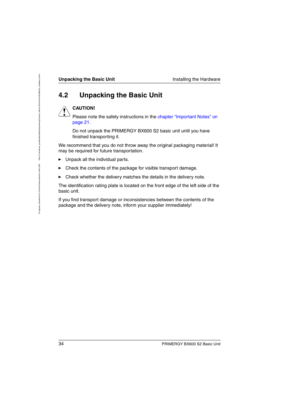 Unpacking the basic unit, Section “unpacking the basic unit” on, 2 unpacking the basic unit | Unpacking the basic unit installing the hardware, Primergy bx600 s2 basic unit | FUJITSU PRIMERGY BX600 S2 User Manual | Page 34 / 173