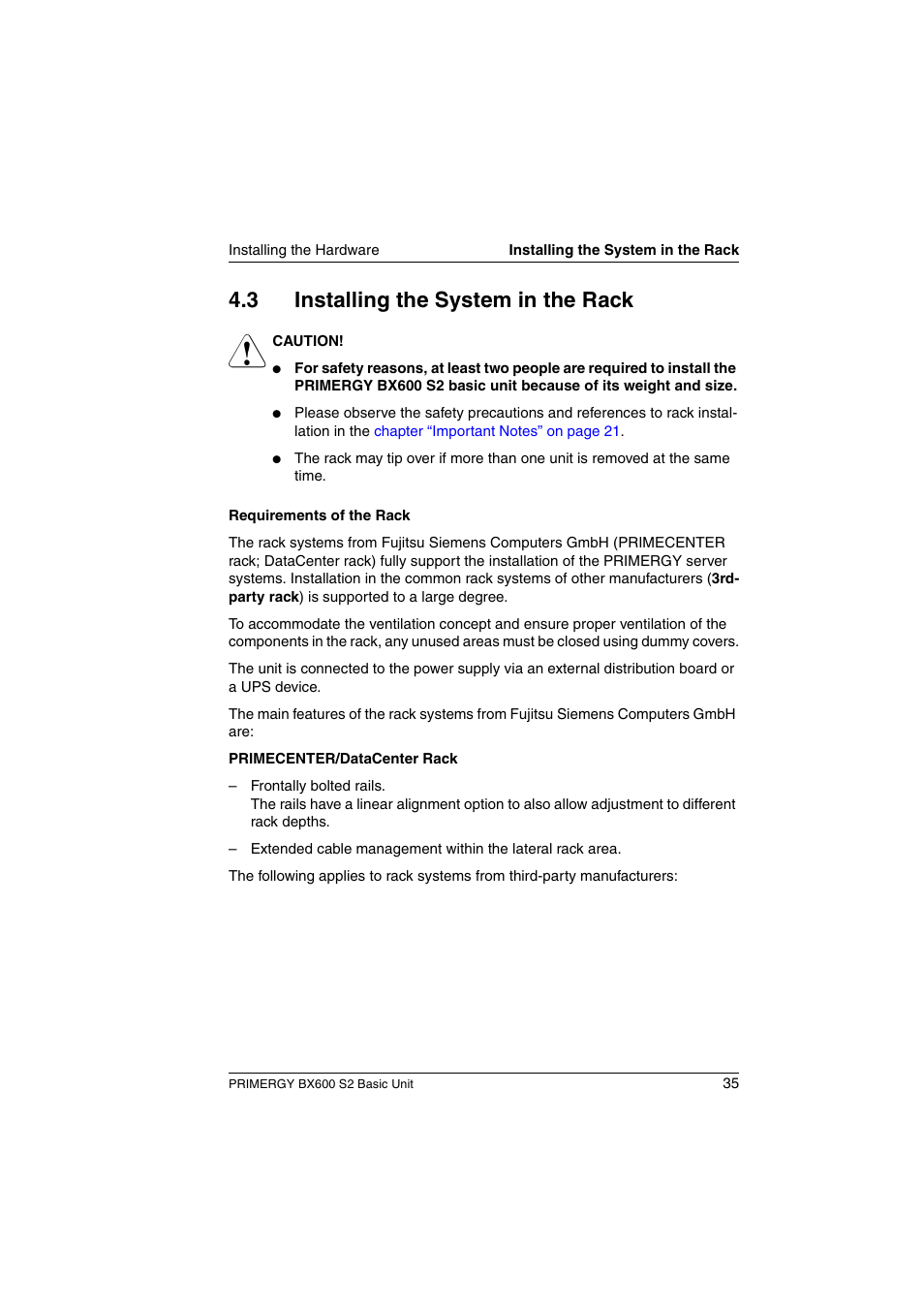 Installing the system in the rack, Section “installing the system in the, 3 installing the system in the rack | FUJITSU PRIMERGY BX600 S2 User Manual | Page 35 / 173