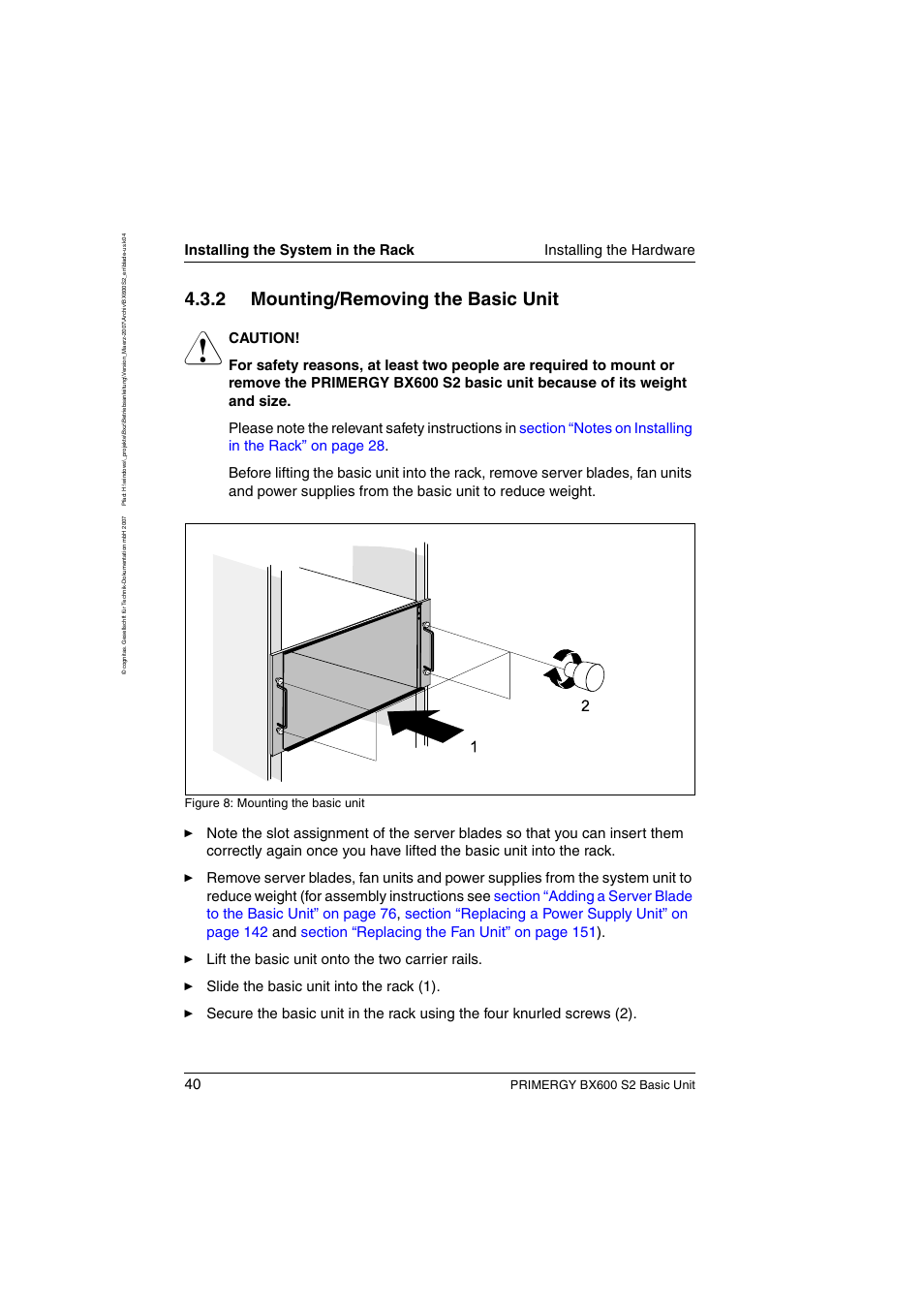 Mounting/removing the basic unit, 2 mounting/removing the basic unit, Primergy bx600 s2 basic unit | Figure 8: mounting the basic unit | FUJITSU PRIMERGY BX600 S2 User Manual | Page 40 / 173