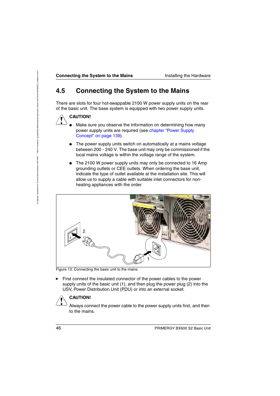 Connecting the system to the mains, Section “connecting the, 5 connecting the system to the mains | Caution, Primergy bx600 s2 basic unit, Figure 13: connecting the basic unit to the mains | FUJITSU PRIMERGY BX600 S2 User Manual | Page 46 / 173