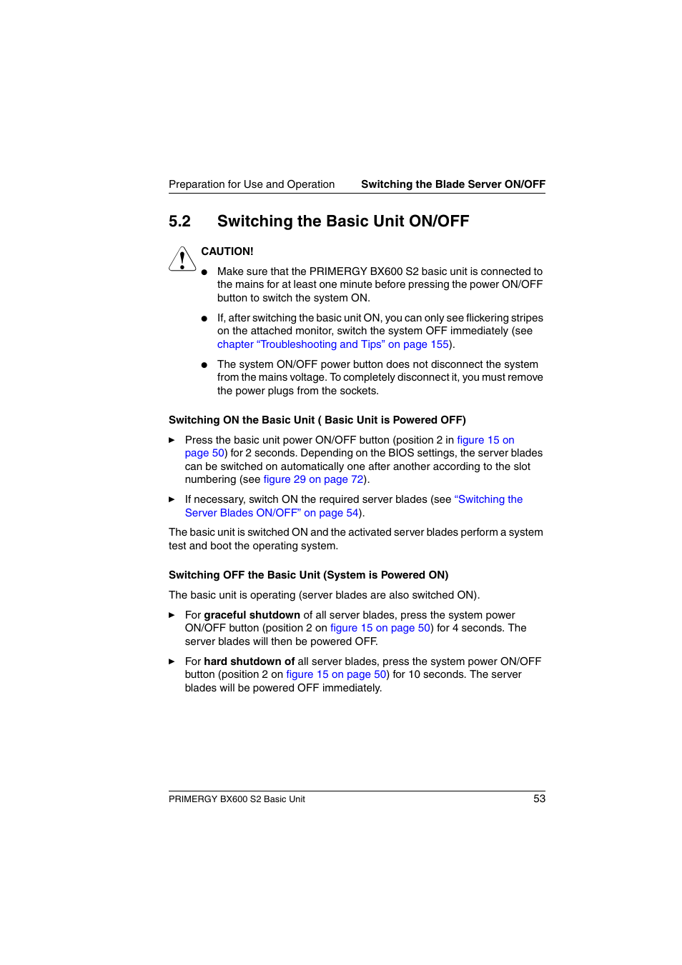 Switching the basic unit on/off, 2 switching the basic unit on/off | FUJITSU PRIMERGY BX600 S2 User Manual | Page 53 / 173