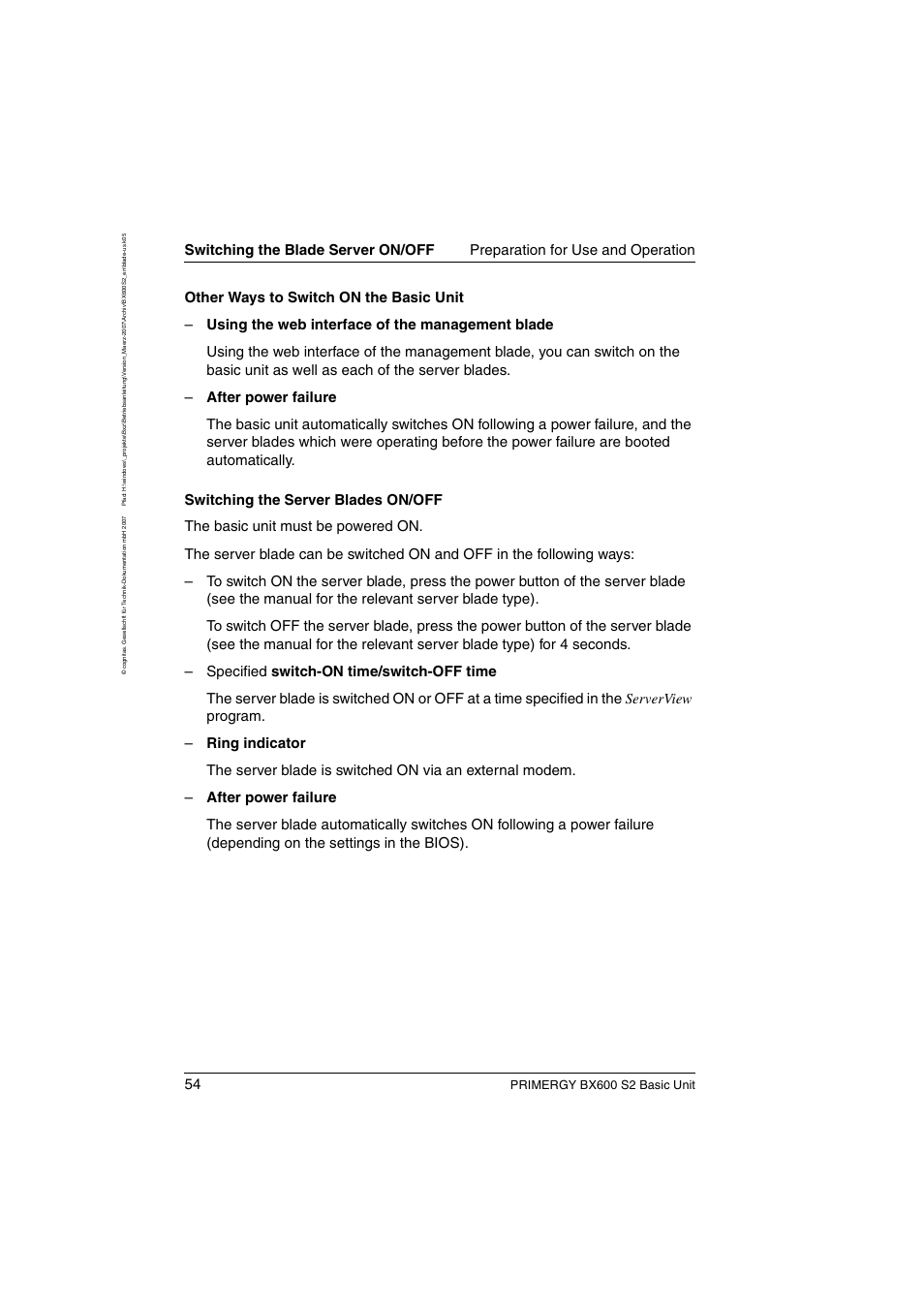 Switching the, Primergy bx600 s2 basic unit | FUJITSU PRIMERGY BX600 S2 User Manual | Page 54 / 173