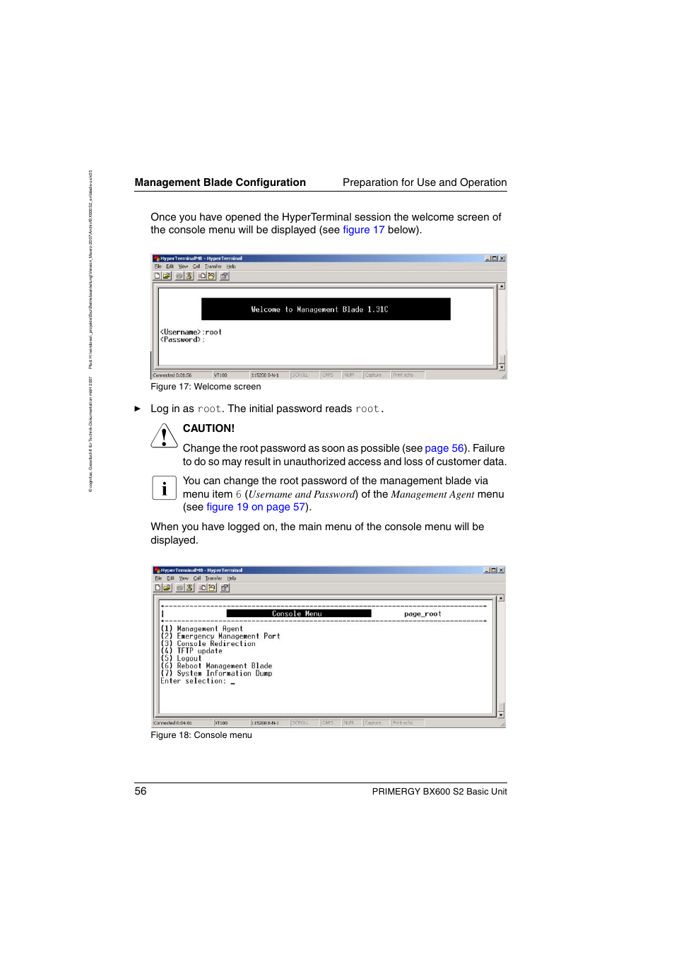 Êlog in as root . the initial password reads root, Primergy bx600 s2 basic unit, Figure 17: welcome screen | Figure 18: console menu | FUJITSU PRIMERGY BX600 S2 User Manual | Page 56 / 173