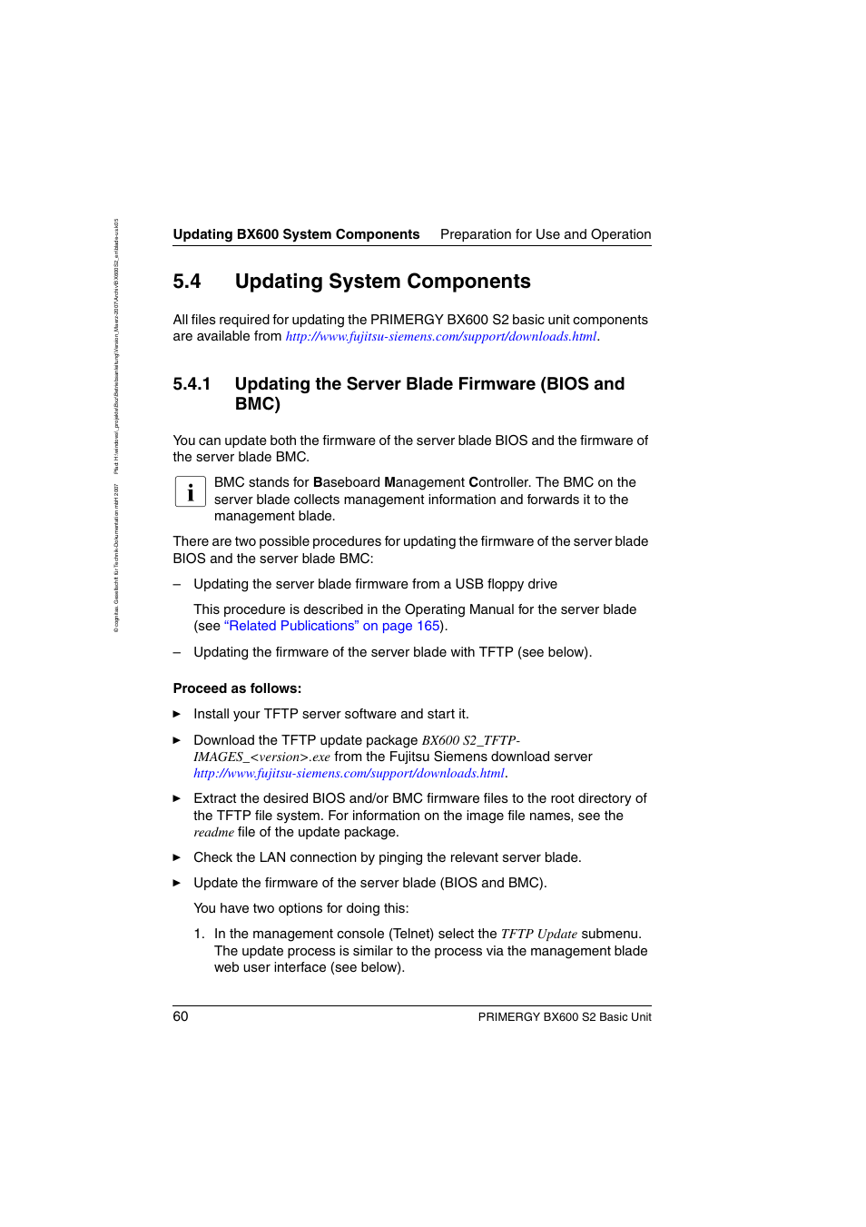 Updating system components, Updating the server blade firmware (bios and bmc), 4 updating system components | FUJITSU PRIMERGY BX600 S2 User Manual | Page 60 / 173