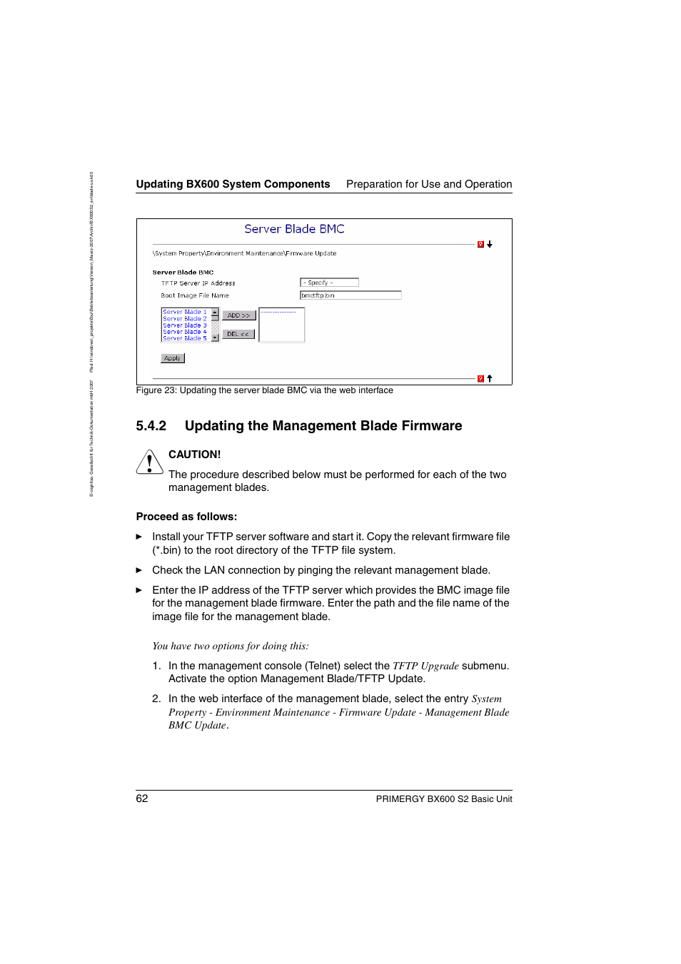 Updating the management blade firmware, 2 updating the management blade firmware, Primergy bx600 s2 basic unit | FUJITSU PRIMERGY BX600 S2 User Manual | Page 62 / 173