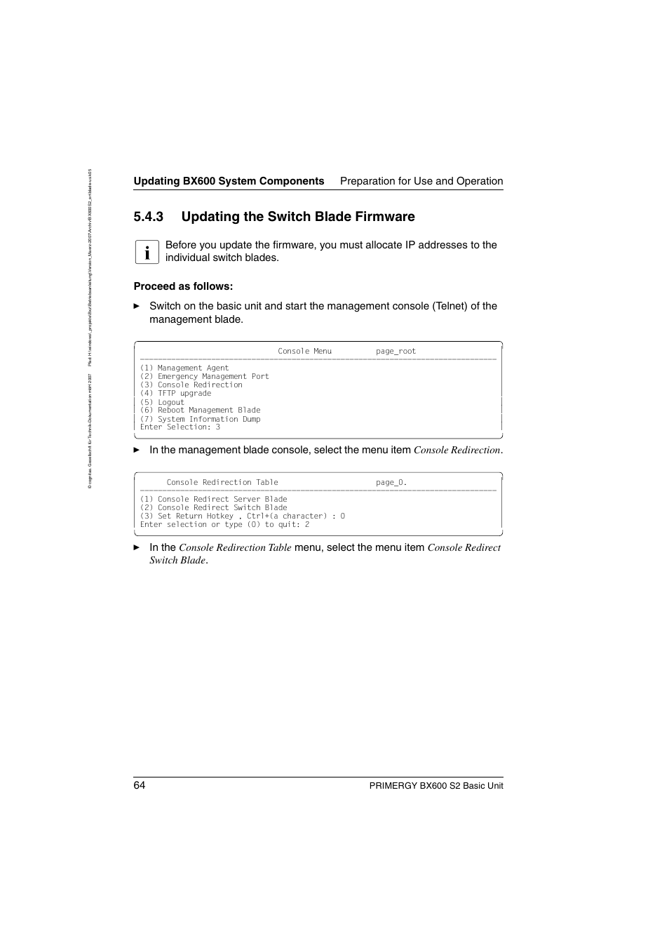 Updating the switch blade firmware, 3 updating the switch blade firmware, Primergy bx600 s2 basic unit | FUJITSU PRIMERGY BX600 S2 User Manual | Page 64 / 173