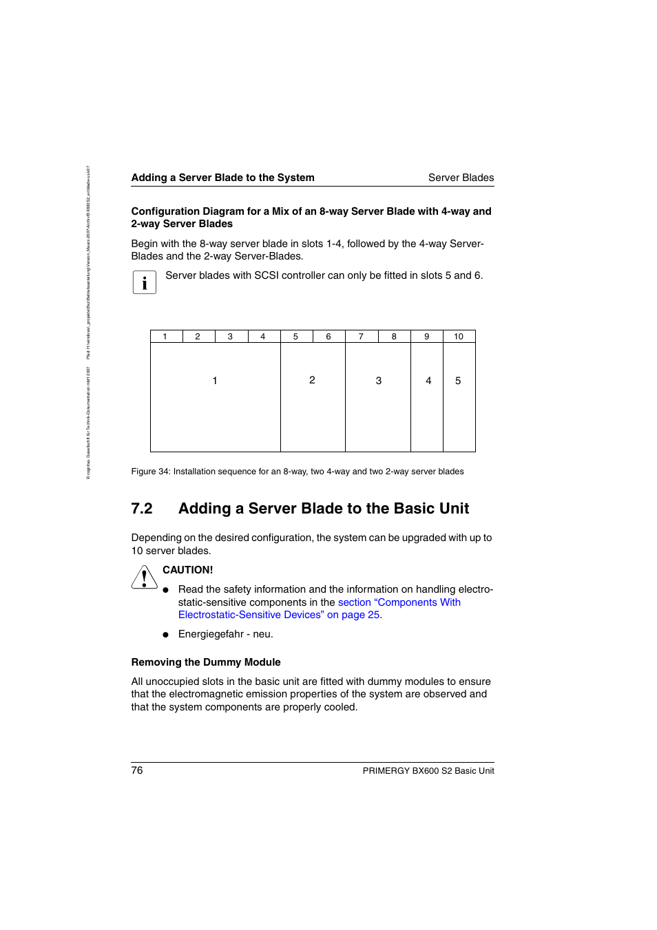Adding a server blade to the basic unit, Section “adding a server blade, 2 adding a server blade to the basic unit | Adding a server blade to the system server blades, Caution, Primergy bx600 s2 basic unit | FUJITSU PRIMERGY BX600 S2 User Manual | Page 76 / 173