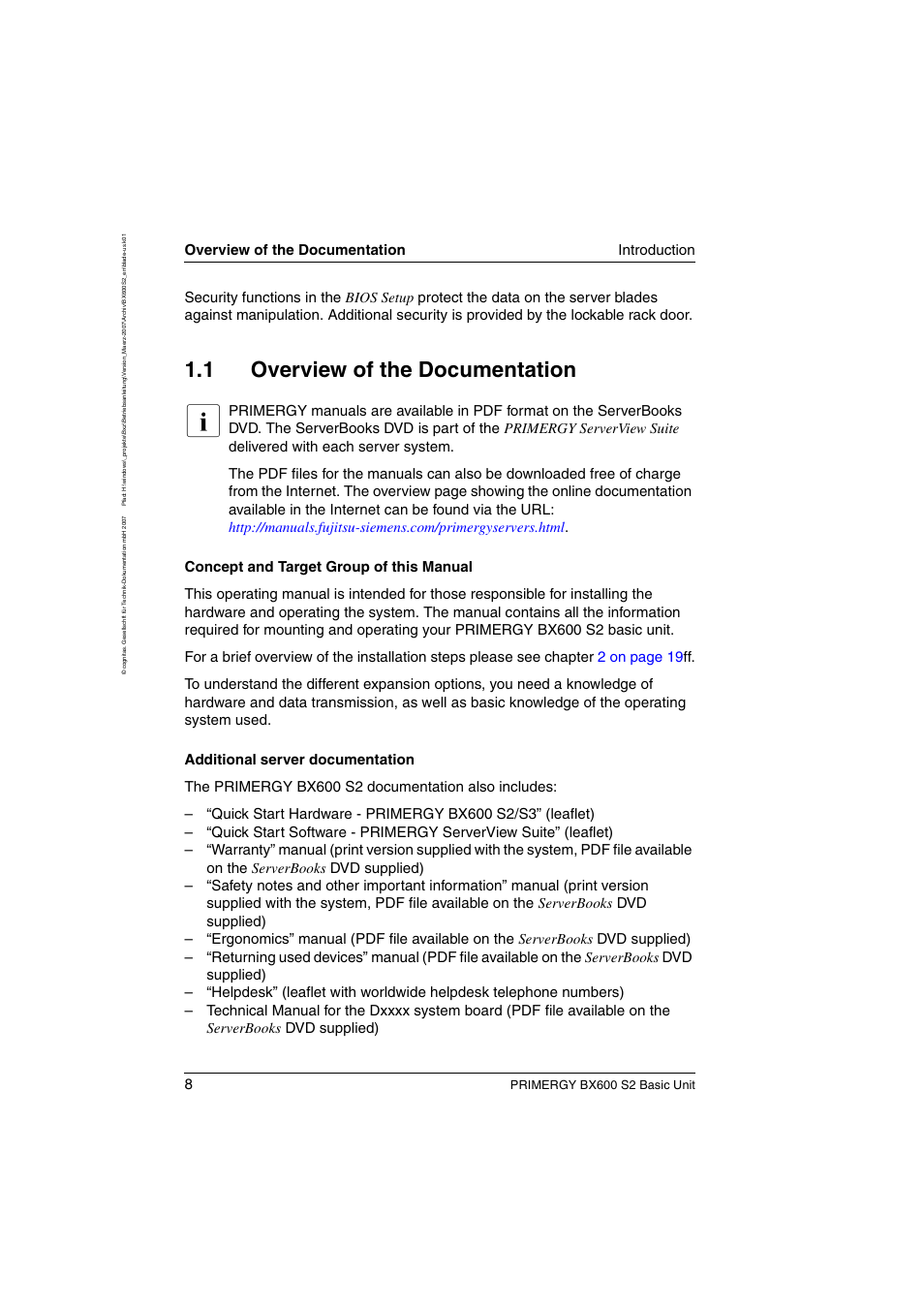 Overview of the documentation, 1 overview of the documentation, Overview of the documentation introduction | FUJITSU PRIMERGY BX600 S2 User Manual | Page 8 / 173