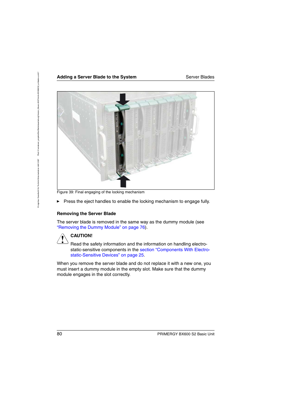 Adding a server blade to the system server blades, Primergy bx600 s2 basic unit, Figure 39: final engaging of the locking mechanism | FUJITSU PRIMERGY BX600 S2 User Manual | Page 80 / 173