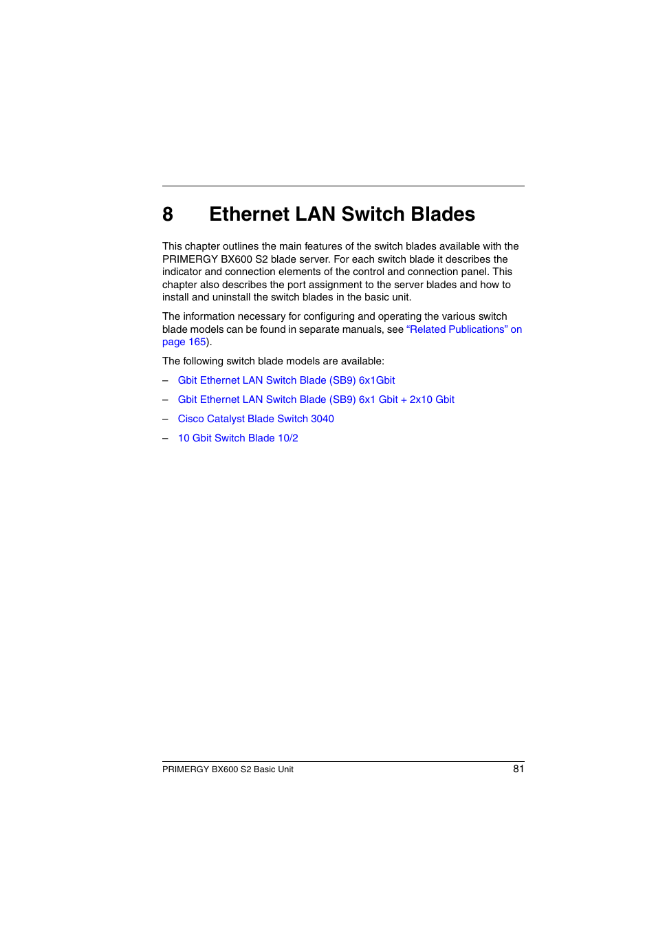 Ethernet lan switch blades, Lan switch blades, 8ethernet lan switch blades | FUJITSU PRIMERGY BX600 S2 User Manual | Page 81 / 173