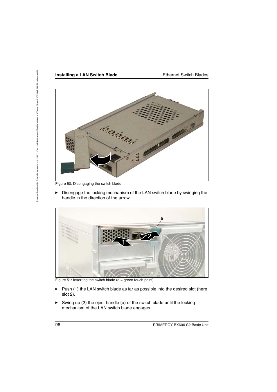 Primergy bx600 s2 basic unit, Figure 50: disengaging the switch blade | FUJITSU PRIMERGY BX600 S2 User Manual | Page 96 / 173