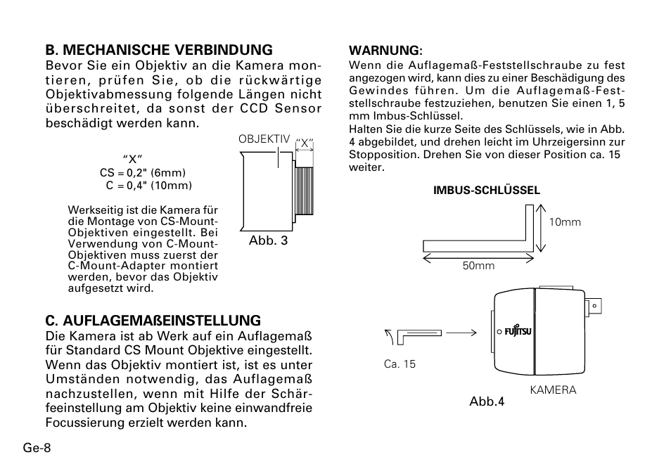 B. mechanische verbindung, C. auflagemaßeinstellung | FUJITSU CG-311 SERIES User Manual | Page 30 / 83