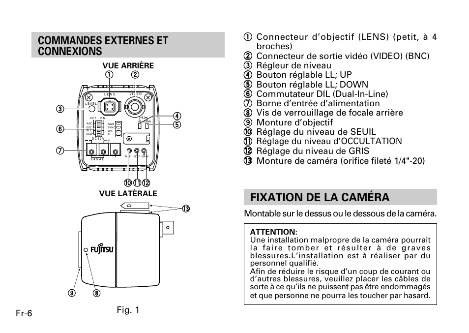 Commandes externes et connexions, Fixation de la caméra | FUJITSU CG-311 SERIES User Manual | Page 48 / 83