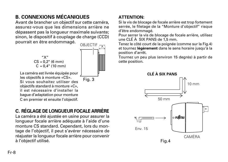 B. connexions mécaniques, C. réglage de longueur focale arrière | FUJITSU CG-311 SERIES User Manual | Page 50 / 83