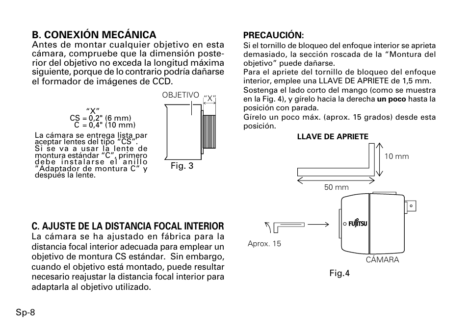 B. conexión mecánica, C. ajuste de la distancia focal interior | FUJITSU CG-311 SERIES User Manual | Page 70 / 83