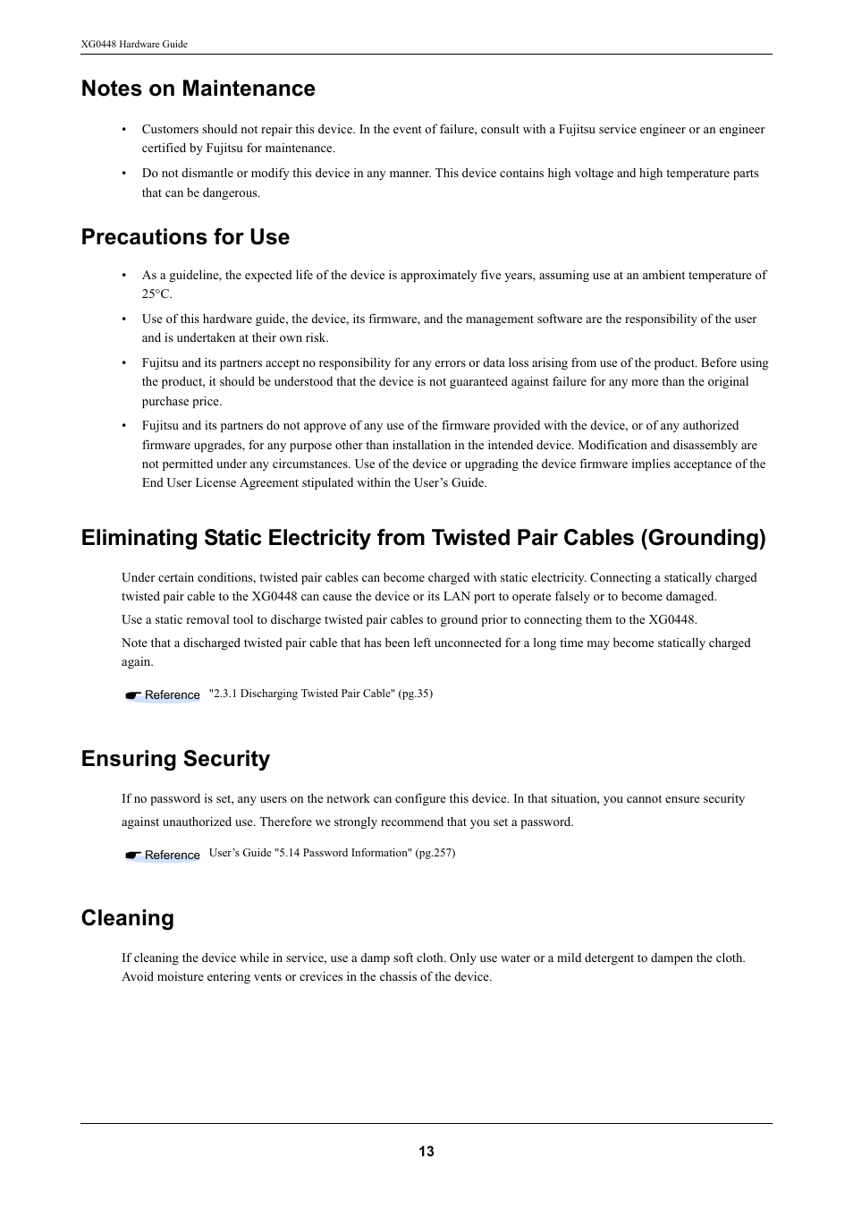 Notes on maintenance, Precautions for use, Ensuring security | Cleaning | FUJITSU XG0448 User Manual | Page 13 / 49