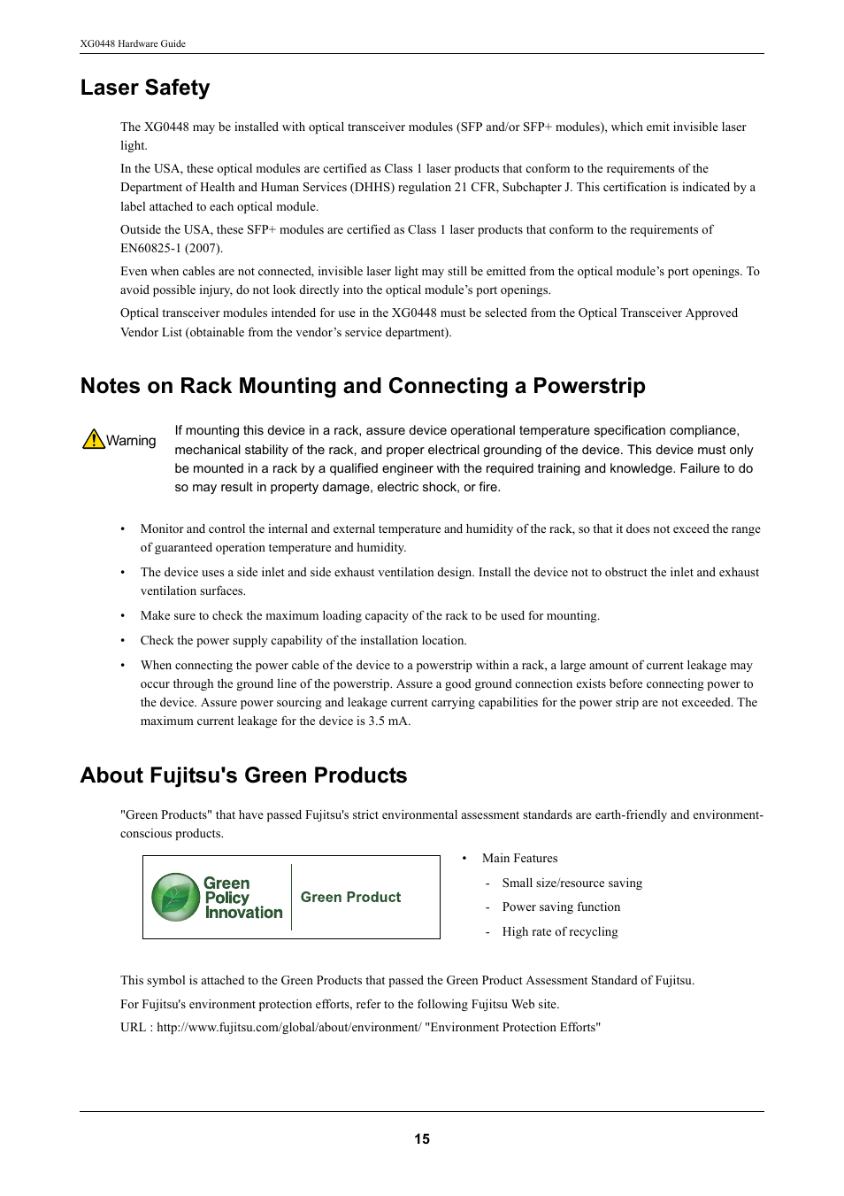 Laser safety, Notes on rack mounting and connecting a powerstrip, About fujitsu's green products | FUJITSU XG0448 User Manual | Page 15 / 49