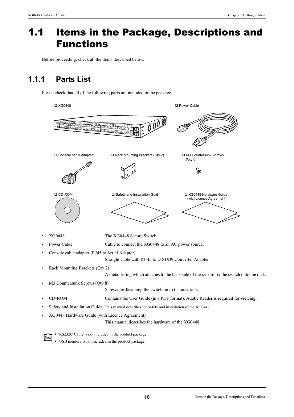 1 items in the package, descriptions and functions, 1 parts list, Items in the package, descriptions and functions | Parts list | FUJITSU XG0448 User Manual | Page 18 / 49