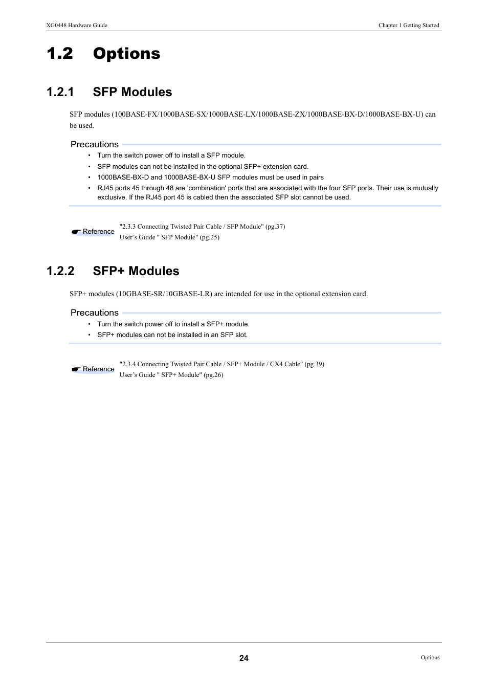 2 options, 1 sfp modules, 2 sfp+ modules | Options, Sfp modules, Sfp+ modules | FUJITSU XG0448 User Manual | Page 24 / 49