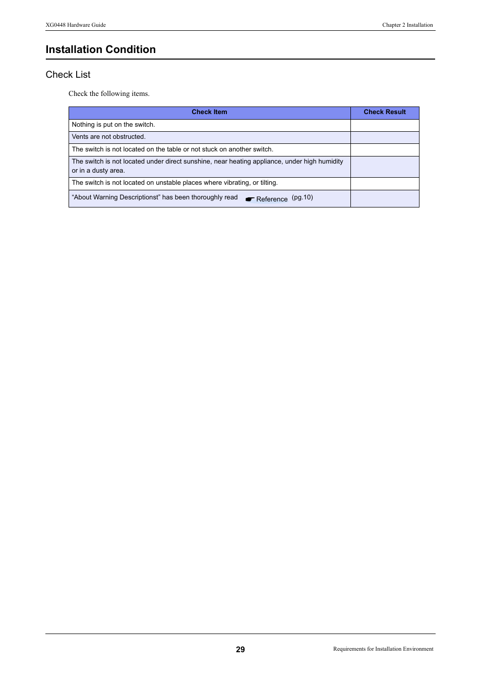 Installation condition, Check list | FUJITSU XG0448 User Manual | Page 29 / 49