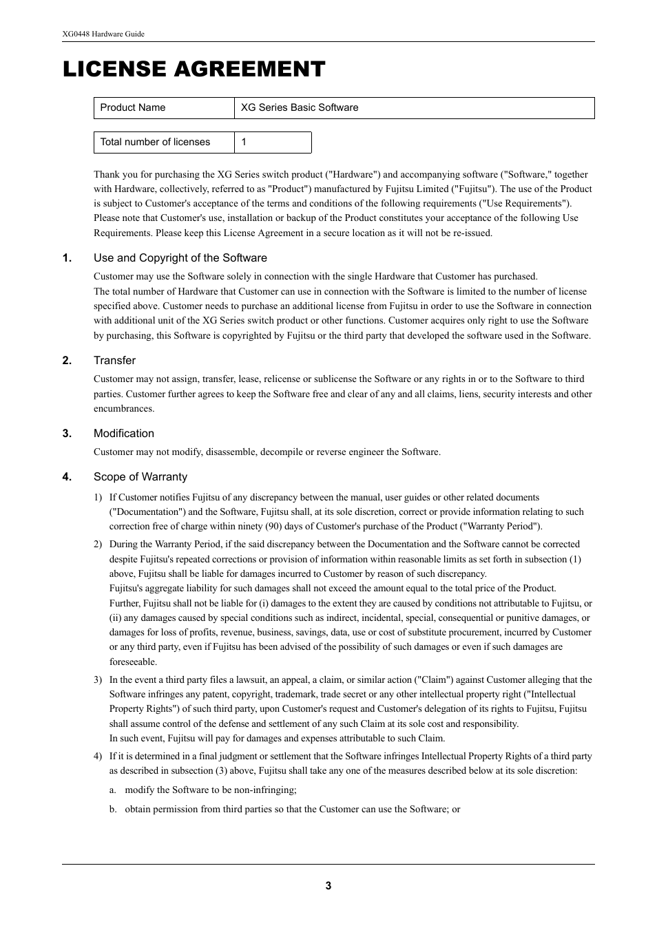 License agreement | FUJITSU XG0448 User Manual | Page 3 / 49