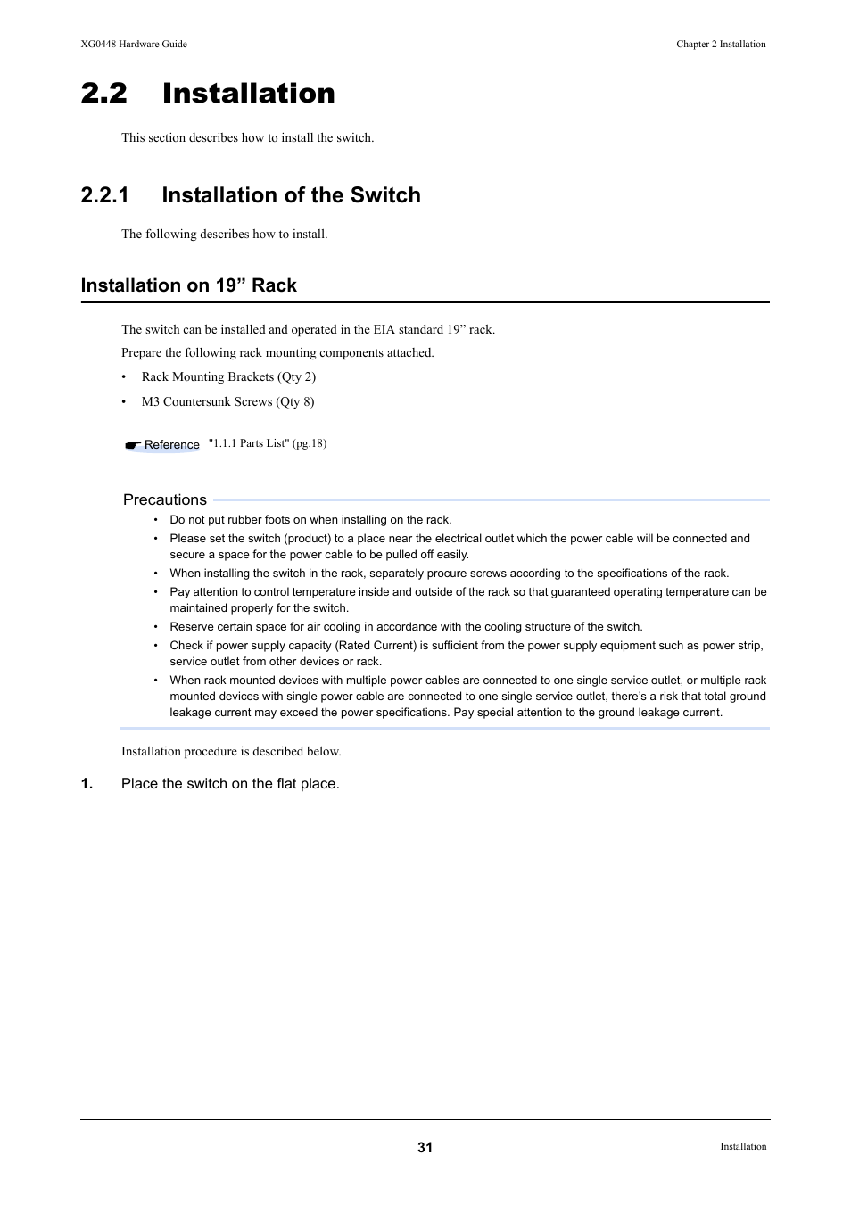 2 installation, 1 installation of the switch, Installation | Installation of the switch, Installation on 19” rack | FUJITSU XG0448 User Manual | Page 31 / 49