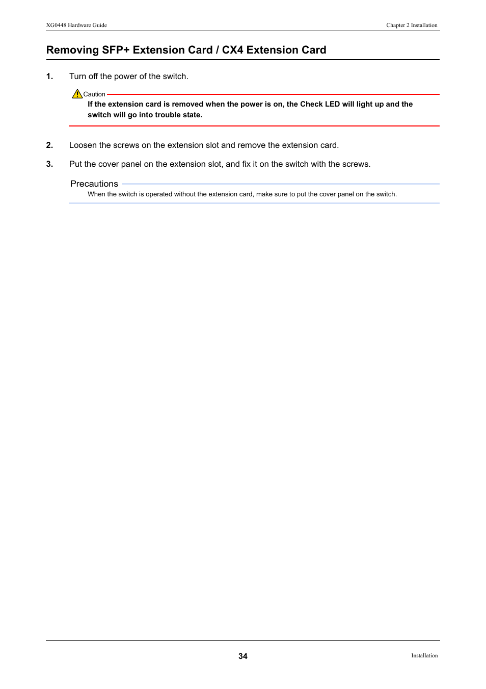 Removing sfp+ extension card / cx4 extension card | FUJITSU XG0448 User Manual | Page 34 / 49