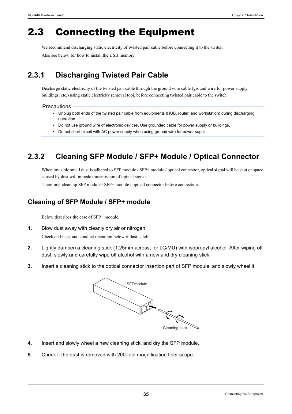 3 connecting the equipment, 1 discharging twisted pair cable, Connecting the equipment | Discharging twisted pair cable, Cleaning of sfp module / sfp+ module | FUJITSU XG0448 User Manual | Page 35 / 49
