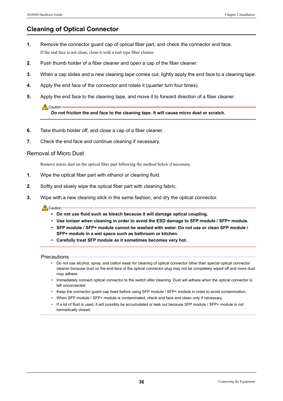 Cleaning of optical connector | FUJITSU XG0448 User Manual | Page 36 / 49