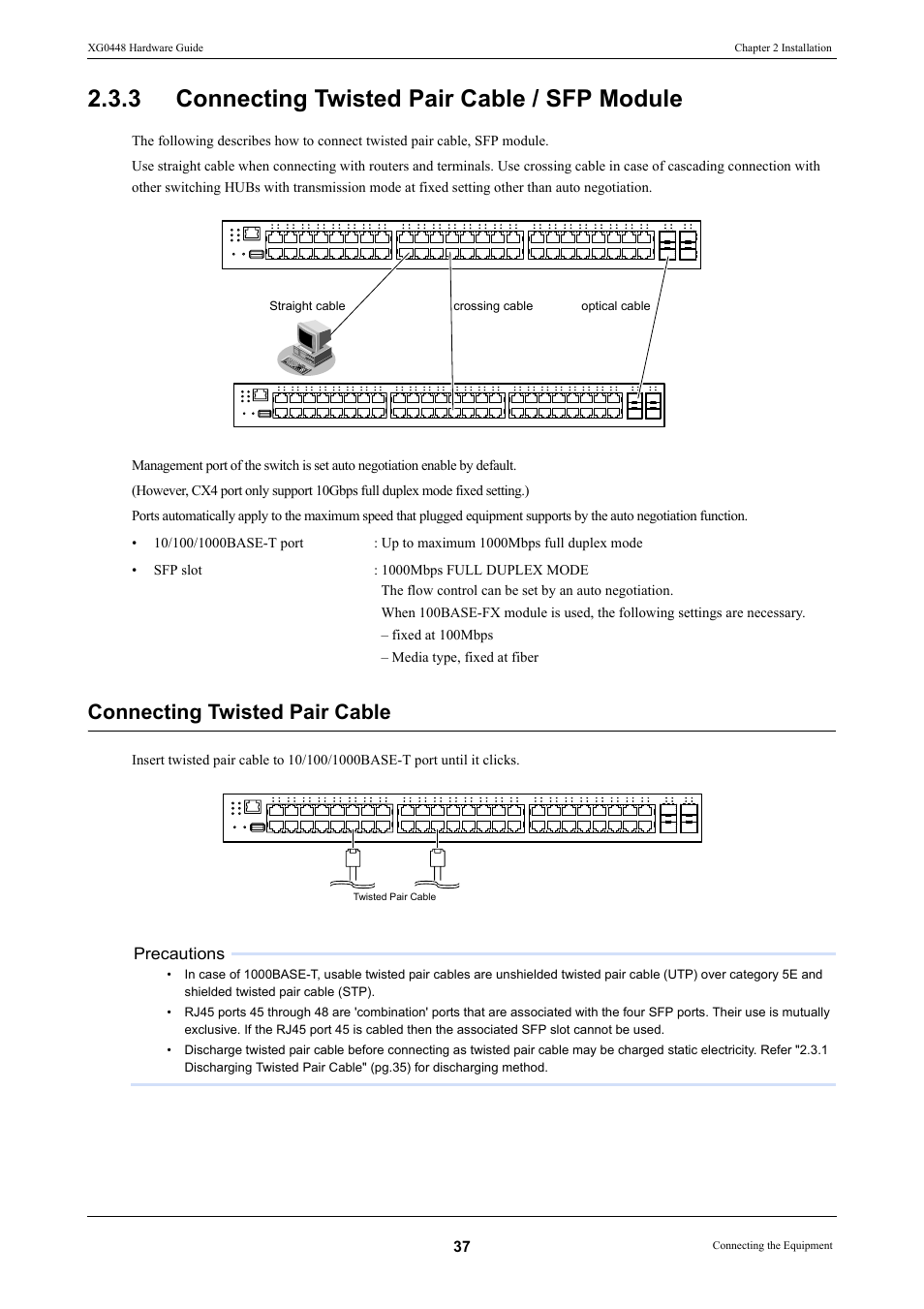 3 connecting twisted pair cable / sfp module, Connecting twisted pair cable / sfp module, Connecting twisted pair cable | FUJITSU XG0448 User Manual | Page 37 / 49