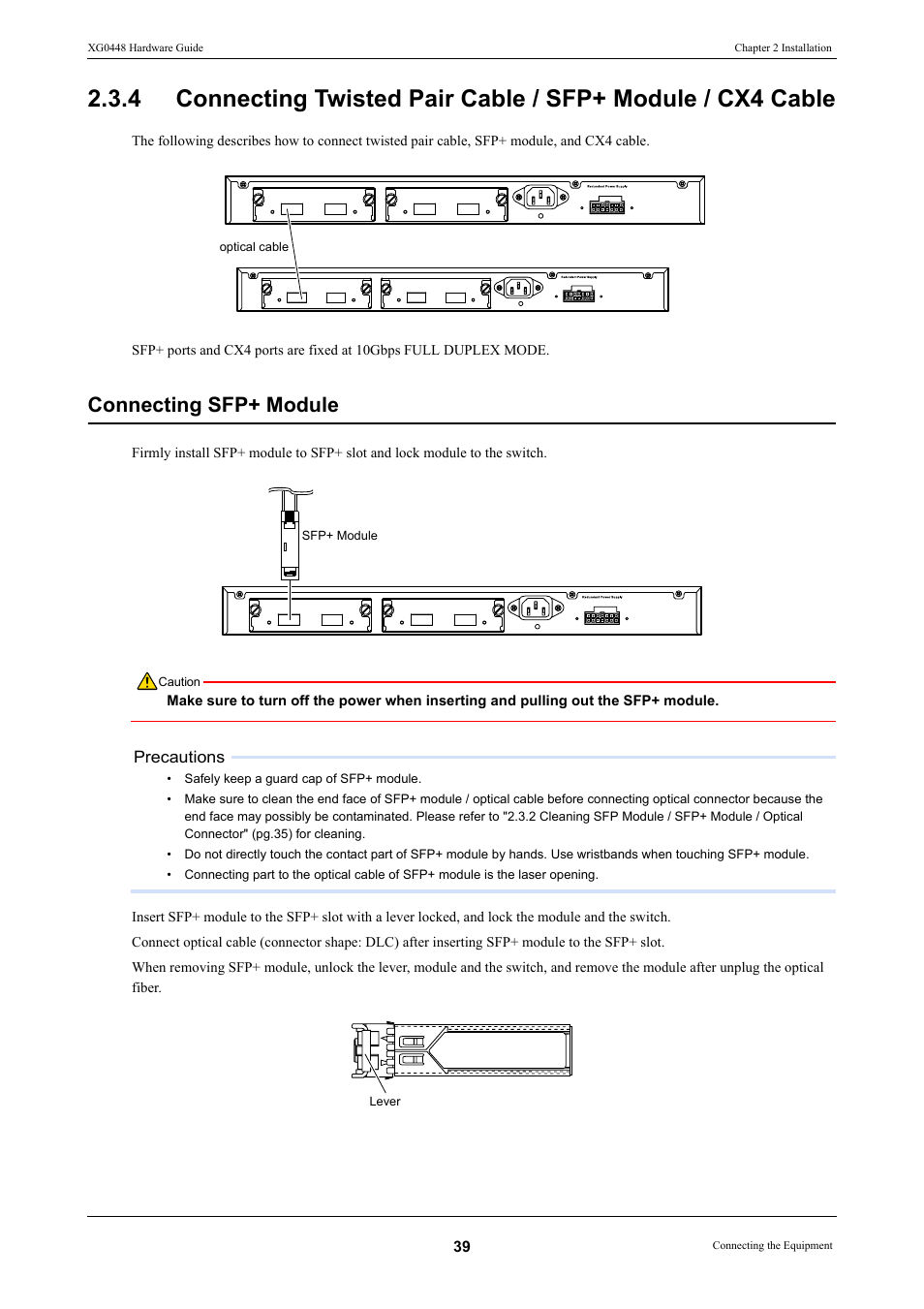 Connecting sfp+ module | FUJITSU XG0448 User Manual | Page 39 / 49