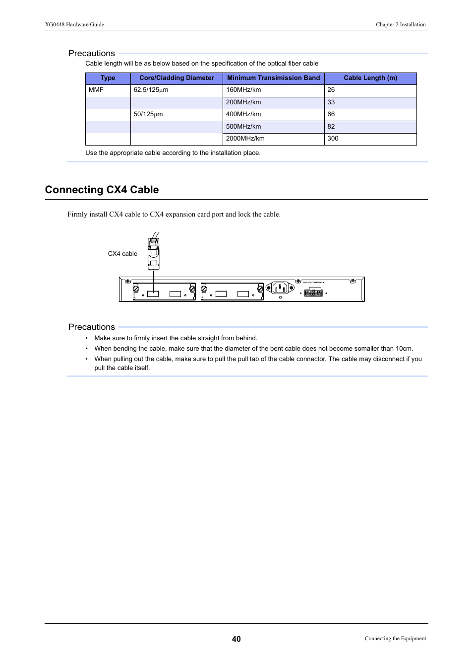 Connecting cx4 cable, Precautions | FUJITSU XG0448 User Manual | Page 40 / 49