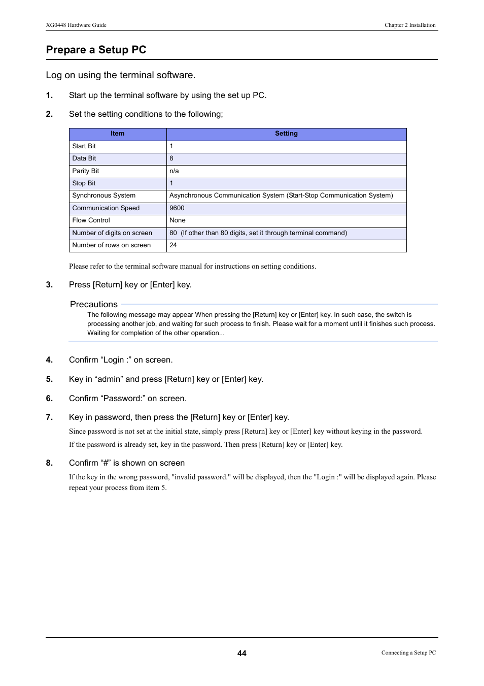 Prepare a setup pc, Log on using the terminal software | FUJITSU XG0448 User Manual | Page 44 / 49