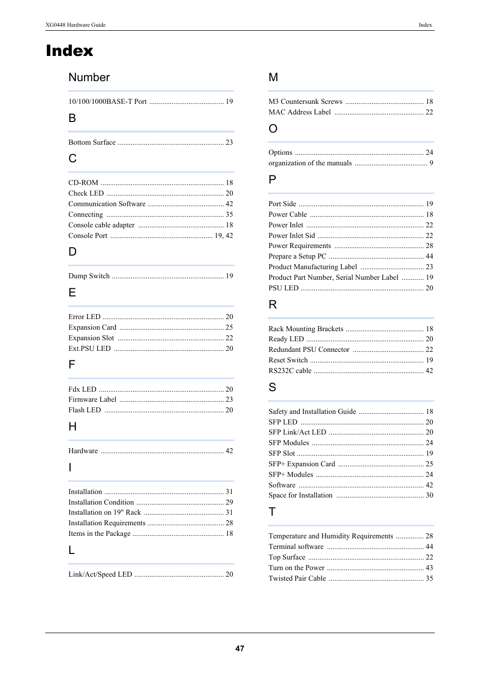 Index, Number | FUJITSU XG0448 User Manual | Page 47 / 49