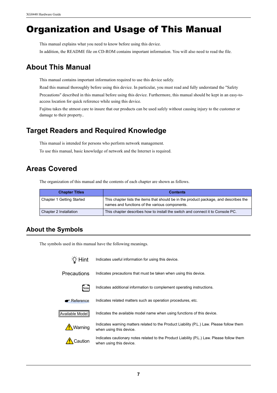 Organization and usage of this manual, About this manual, Target readers and required knowledge | Areas covered, About the symbols, Hint | FUJITSU XG0448 User Manual | Page 7 / 49