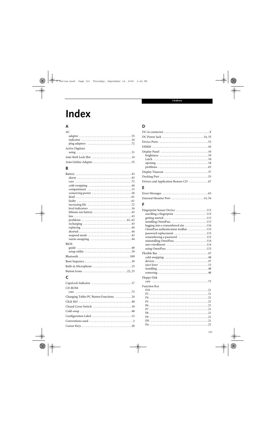 Index | FUJITSU T4215 User Manual | Page 129 / 136