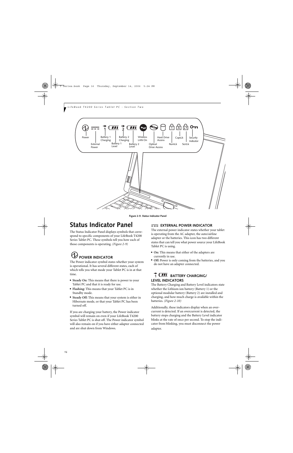 Status indicator panel | FUJITSU T4215 User Manual | Page 24 / 136