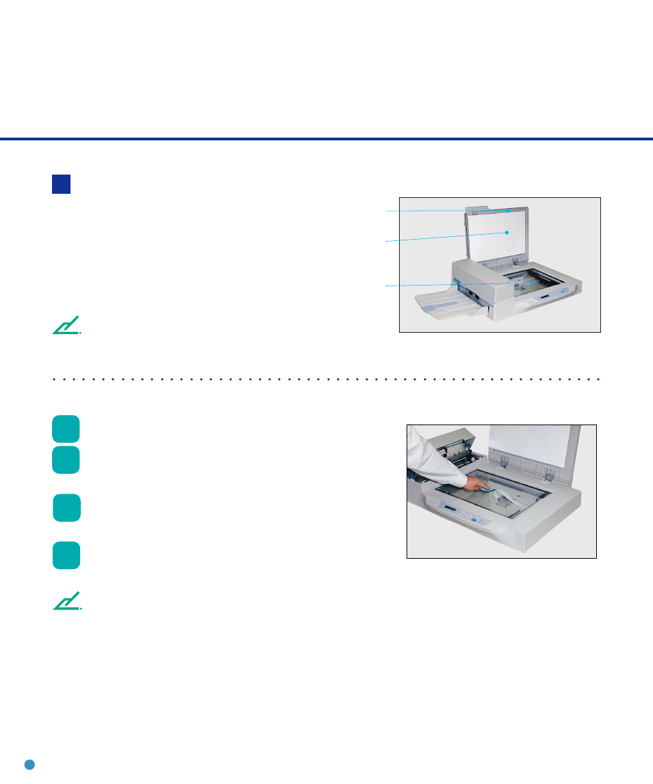 Cleaning the flatbed, Cleaning the flatbed -10, Cleaning the flatbed with a cloth and cleaner f1 | Open the document cover, Apply cleaner f1 to a clean cloth, Wipe the document holding pad and the document bed, Allow them to dry, Document cover document holding pad document bed | FUJITSU fi-4640S User Manual | Page 30 / 61