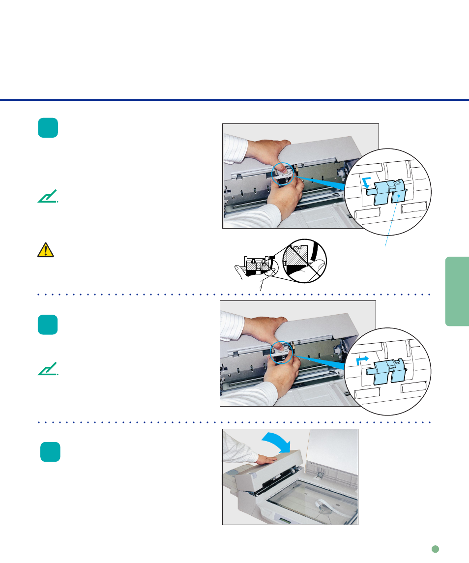 Replacement of parts, Close the adf, Caution | Pad assembly, Don’t hold the sensor arm with the pad assembly | FUJITSU fi-4640S User Manual | Page 33 / 61