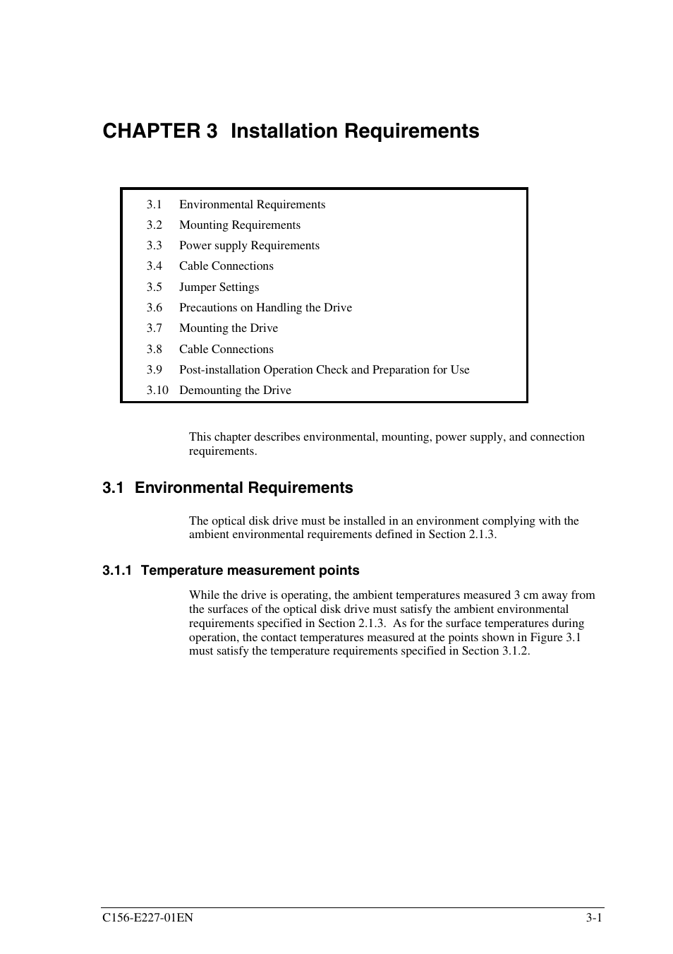 Chapter 3 installation requirements, 1 environmental requirements, 1 temperature measurement points | FUJITSU MCM3064AP User Manual | Page 45 / 202