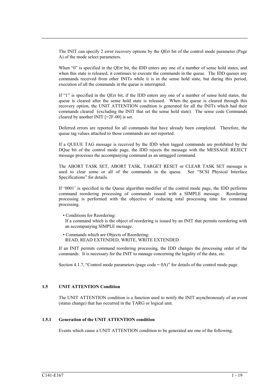 5 unit attention condition, 1 generation of the unit attention condition | FUJITSU MAS3367 User Manual | Page 37 / 290