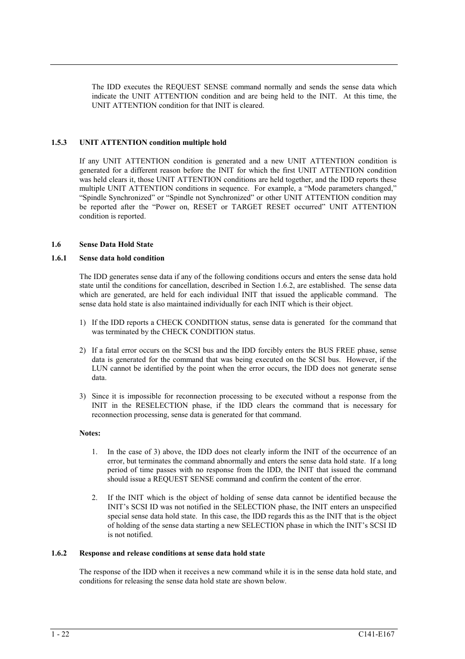 3 unit attention condition multiple hold, 6 sense data hold state, 1 sense data hold condition | FUJITSU MAS3367 User Manual | Page 40 / 290