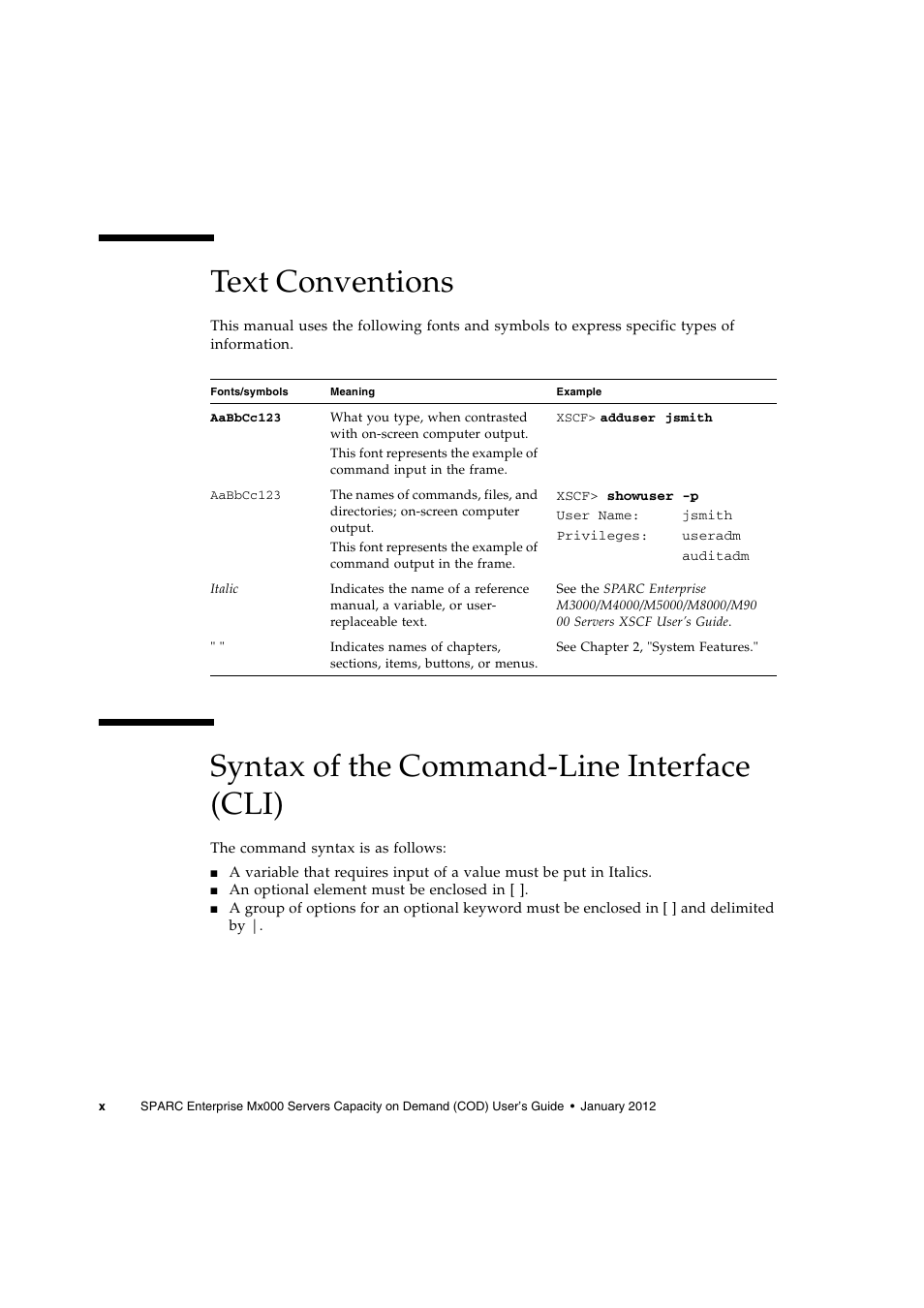 Text conventions, Syntax of the command-line interface (cli) | FUJITSU M Server M5000 User Manual | Page 10 / 30