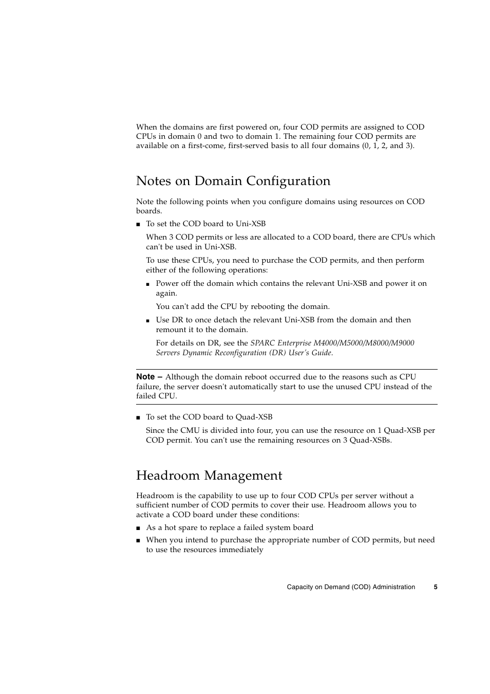 Notes on domain configuration, Headroom management | FUJITSU M Server M5000 User Manual | Page 17 / 30