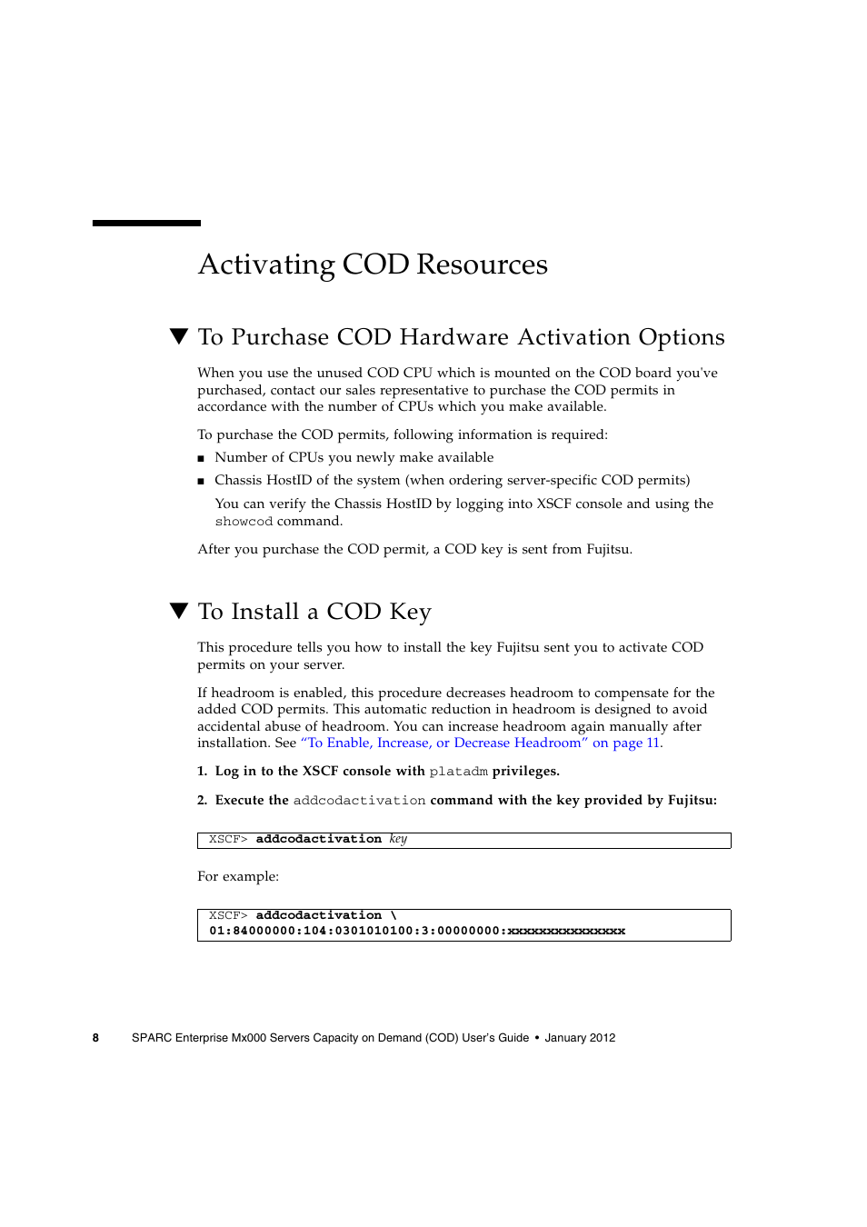 Activating cod resources, To purchase cod hardware activation options, To install a cod key | FUJITSU M Server M5000 User Manual | Page 20 / 30