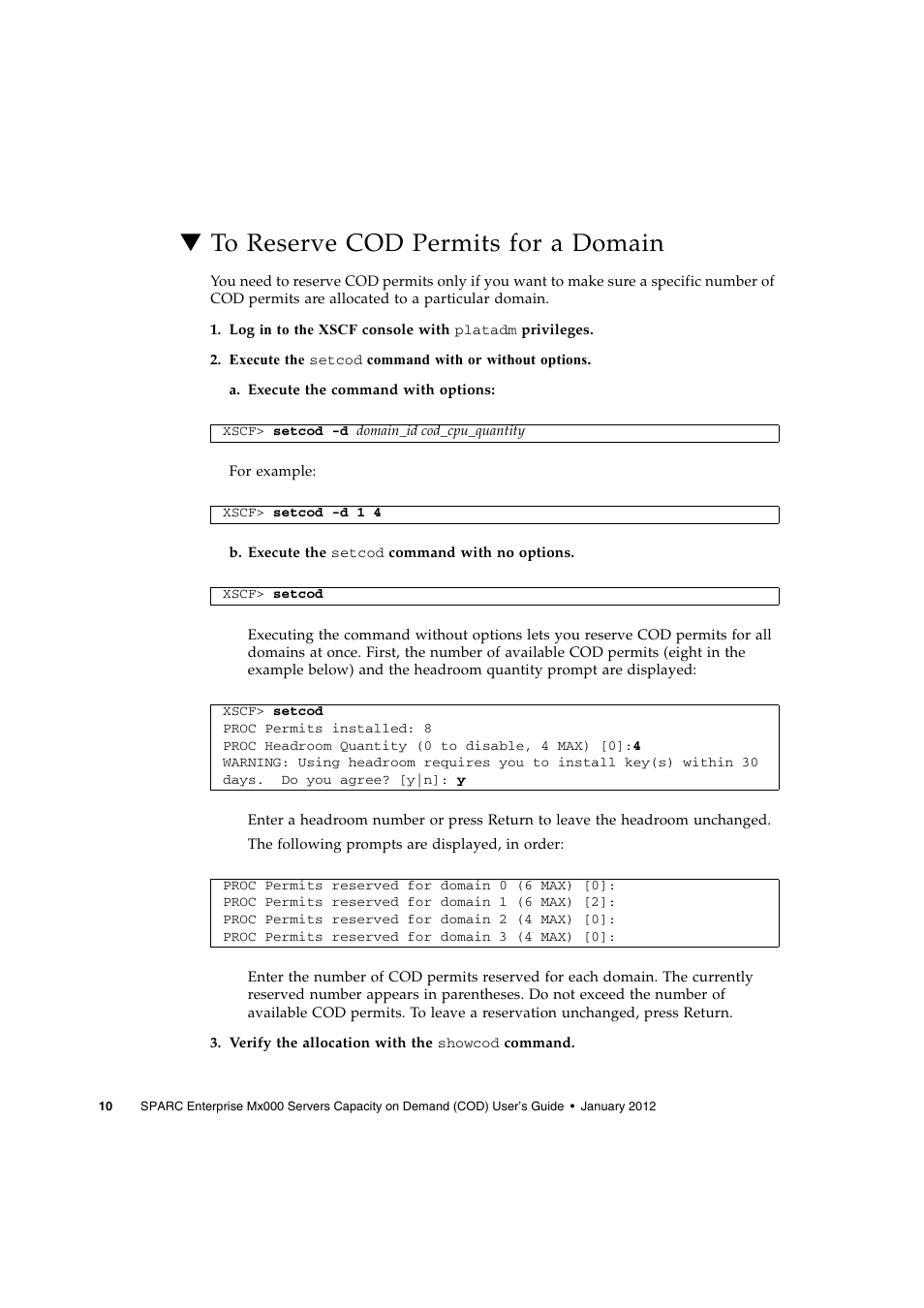 To reserve cod permits for a domain | FUJITSU M Server M5000 User Manual | Page 22 / 30