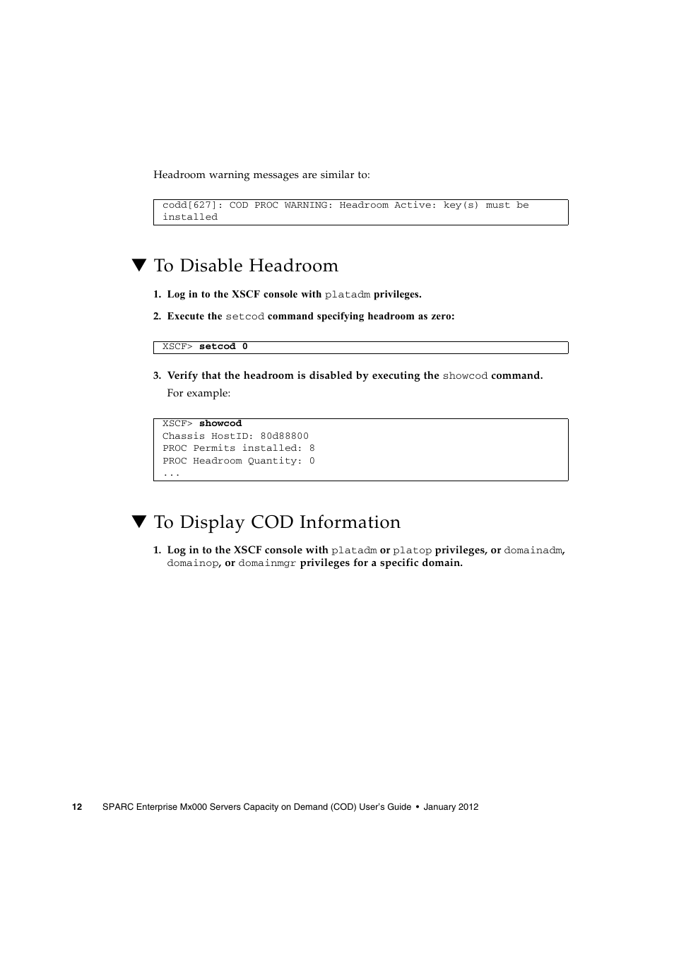 To disable headroom, To display cod information | FUJITSU M Server M5000 User Manual | Page 24 / 30