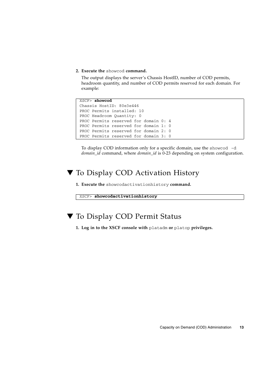 To display cod activation history, To display cod permit status, To display cod permit | To display cod | FUJITSU M Server M5000 User Manual | Page 25 / 30